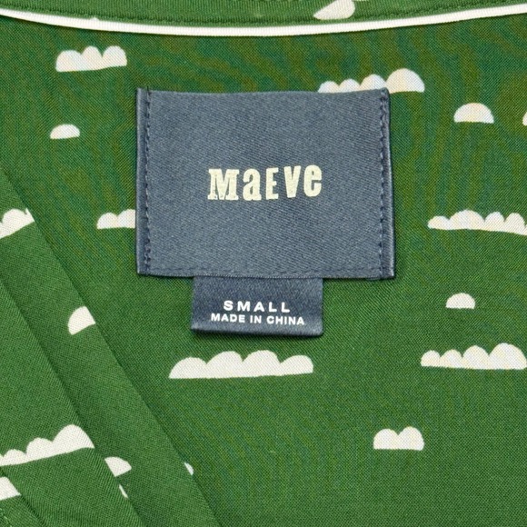 Maeve Anthropologie Green White Cloud Print Tie Neck Blouse Size Small **Read - Picture 4 of 9